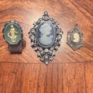 Trio of Vintage-Style Cameo Brooches and Pendant - Blue, Green, Ivory